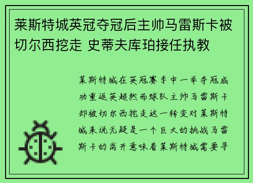 莱斯特城英冠夺冠后主帅马雷斯卡被切尔西挖走 史蒂夫库珀接任执教 莱斯特城英冠夺冠后主帅马雷斯卡被切尔西挖走 史蒂夫库珀接任执教