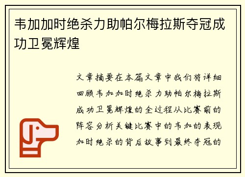 韦加加时绝杀力助帕尔梅拉斯夺冠成功卫冕辉煌